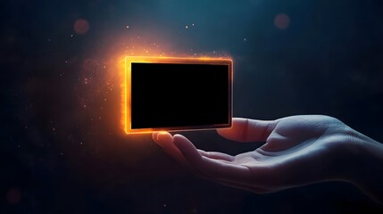 Poster - Hand Holding Blank Screen Device with Glowing Effects in Dark