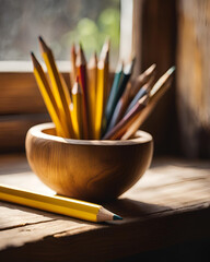 Wall Mural - pencils in glass, glass container with pencils, pencils in front of window, stationary on window sill, writing tools, colorful pencils, pencil holder, clear glass with pencils, office supplies, study 