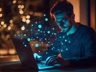 Poster - Young Man Working on Laptop with Digital Network Overlay Effects