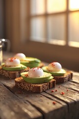 Wall Mural - Delicious breakfast featuring avocado, eggs, and sesame bread on a rustic wooden table with warm sunlight