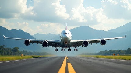 Large white airplane is flying over a runway