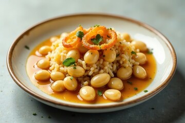 Wall Mural - Savory Rice and Butter Beans with Crispy Onion Rings in a Rich Sauce