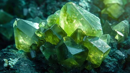 Leinwandbilder - Vibrant green crystals with various geometric shapes are clustered together, catching natural light and creating stunning reflections in a rocky environment during daylight.