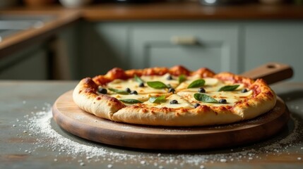 Wall Mural - A Delicious Homemade Pizza with Melted Cheese and Fresh Herbs on a Rustic Wooden Board