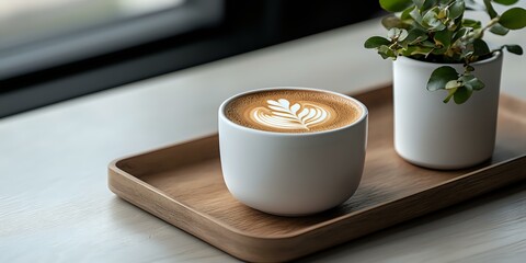 Wall Mural - Minimalist coffee scene with latte art in white ceramic cup on wooden tray, green plant in background creates modern cafe atmosphere.