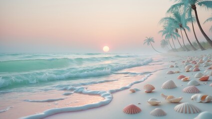 Wall Mural - serene sunset on a tropical beach with gentle waves and seashells scattered along the shoreline
