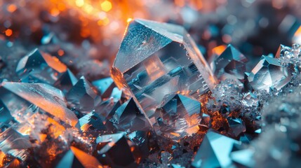 Aufkleber - Intricate crystal formations emerge from a mineral base, reflecting a blend of warm and cool lighting that enhances their transparency and brilliance in a natural environment.