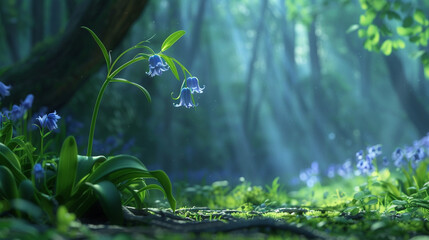 Wall Mural - A single bluebell flower delicately hanging from its stem, with a blurred forest floor and sunlight filtering through the trees.