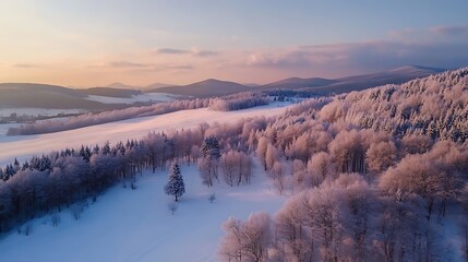 Canvas Print - Aerial view of snow-covered forest and fields at sunset.