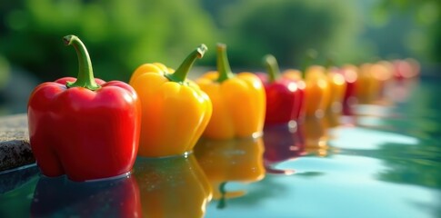 Sticker - Vibrant bell peppers float serenely in a tranquil body of water, their bright colors reflecting in the still surface, creating a stunning natural scene.