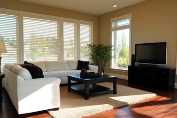 Wall Mural - Interior of living room with white sofa, TV, and view of trees from window