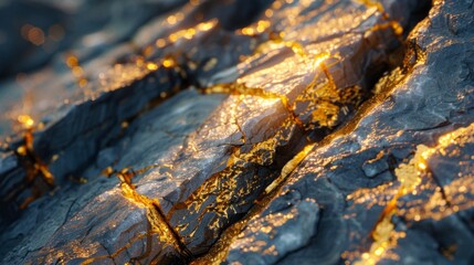 Poster - In the late evening, a close up view reveals a textured rock surface adorned with glowing golden veins, highlighting the beauty of natural formations under soft light.