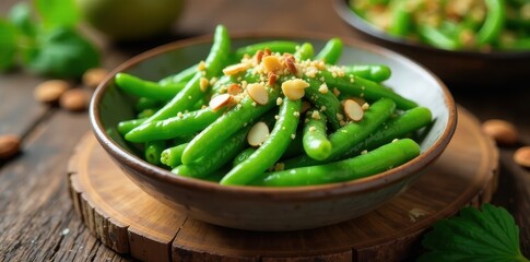 Wall Mural - Aromatic Green Bean Salad with Toasted Almond Garnish in a Rustic Bowl