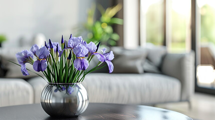Wall Mural - A sleek metallic vase with purple irises on a modern coffee table, with a softly blurred background of a spacious living room.