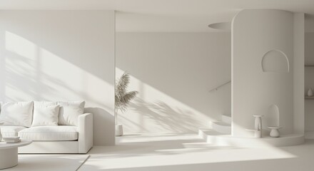 Wall Mural - Minimalist White Living Room Interior Design - Serene, bright, airy living space. Modern sofa, sunlight, architectural detail, calm atmosphere, minimalist