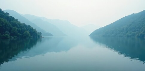 Sticker - Foggy lake with a subtle reflection of the surrounding hills, misty, hills