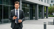 © SRD - Businessman walking outside office building, Young professional with coffee and phone, Generative AI image