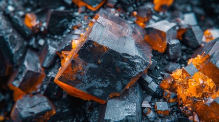 Aufkleber - Unique mineral composition featuring large, deep black crystals with striking orange highlights. The intricate details reveal a natural and captivating beauty in every facet.