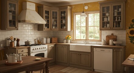 Wall Mural - Rustic Farmhouse Kitchen Design with Vintage Cabinets - Charming vintage kitchen, rustic cabinets, farmhouse sink, warm lighting, sunflowers. Country home, cozy, inviting