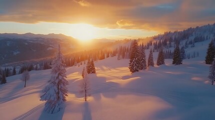 Canvas Print - Majestic sunset over snow-covered mountain range with pine trees.