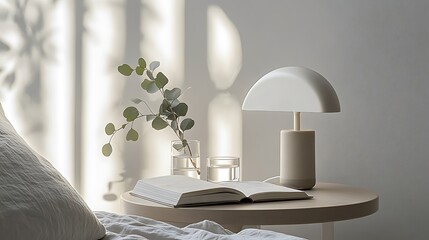 Canvas Print - Minimalist bedroom scene with lamp, book, and eucalyptus sprig on a bedside table.