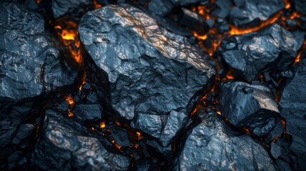 Aufkleber - Rough lava rocks display dark textures while glowing molten lava seeps between them, highlighting a dramatic volcanic landscape formed by intense geological activity.