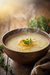 Wall Mural - Warm homemade soup with herbs and citrus served in a rustic bowl on a wooden table