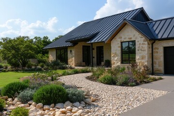 Wall Mural - Charming stone residence with a modern design set against a lush green landscape on a sunny day in a peaceful neighborhood