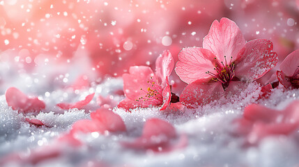 Wall Mural -  cherry blossom petals in fresh snow