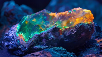 Fototapete - A large quartz crystal exhibits brilliant hues of green and orange, resting on textured rock, illuminated by soft lighting in a dark room that enhances its beauty.