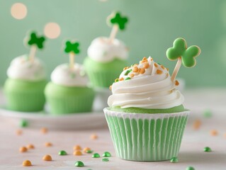 Festive green cupcakes topped with white frosting and shamrock decorations, perfect for St. Patrick's Day celebrations.