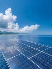 Poster - A floating offshore solar farm connected to the grid, showcasing renewable energy technology and innovation in sustainable power generation.