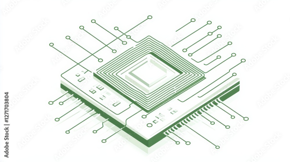 Minimalist Vector Line-Art Microchip with Fine Circuit Traces on White ...