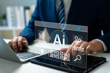 Fototapete - Businessman use artificial intelligence AI technology for enhanced work efficiency data analysis and efficient tools, Unlocking work potential with AI solutions chatbot help solve work problems.
