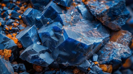 Aufkleber - Vibrant blue mineral formations showcase intricate crystal structures, with bright orange highlights, discovered in a hidden cave during an adventure in nature.