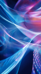 Poster - Interweaving luminous trails forming dynamic geometric patterns, revealing iridescent color interactions against dark background