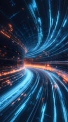 Fototapete - Digital data streams in blue and orange glowing through futuristic cyberspace tunnel, transmitting network information concept