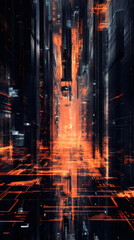 Aufkleber - Futuristic cityscape glowing with orange neon, highlighting architectural structures and urban pathways with vibrant luminescence