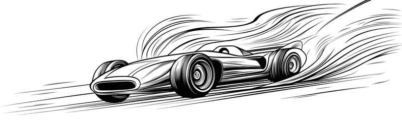 Poster - Hand-drawn retro race car illustration featuring swirling abstract elements in a vibrant style.