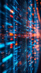 Aufkleber - Big data stream flowing on computer screen with blue and orange bokeh effect, information technology concept