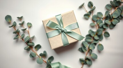 Wall Mural - A beautifully wrapped gift with a soft green ribbon, surrounded by delicate eucalyptus branches.