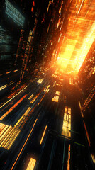 Leinwandbilder - Digital data streams in vibrant orange and teal converging, radiating luminous energy across expansive virtual landscape