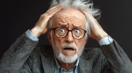 Wall Mural - A man with a balding head and glasses is looking at the camera with a shocked expression. He is wearing a gray jacket and a blue shirt