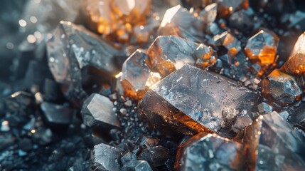 Aufkleber - A close up view of stunning crystalline formations with sharp edges and shiny surfaces. The warm hues of orange and amber contrast with cool gray tones, creating a captivating visual.