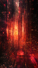 Poster - Vertical abstract image of a futuristic red cityscape with digital information exploding from the center