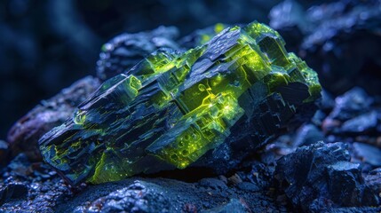 Aufkleber - A striking mineral specimen glows with vibrant green hues, nestled among dark rocks in a captivating cave. The unique formation showcases natural beauty in an underground environment.