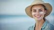 © LotusBlanc - Mid Age Woman Wearing Straw Hat, Sunscreen on Face, Sun UV Protection, Healthy Sunbathing, and Skin Cancer Prevention, Sea Background.