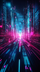 Leinwandbilder - Light trails illuminating futuristic city street with neon lights and skyscrapers at night