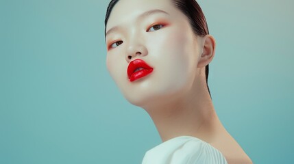 A female model with vibrant red lipstick poses confidently against a soft blue background. Her unique makeup and elegant posture showcase contemporary beauty artistry, inviting admiration