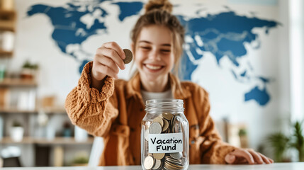 A Cheerful Teenager Girl Sitting at a Desk, Dropping a Coin into a Transparent Glass Jar Labeled 